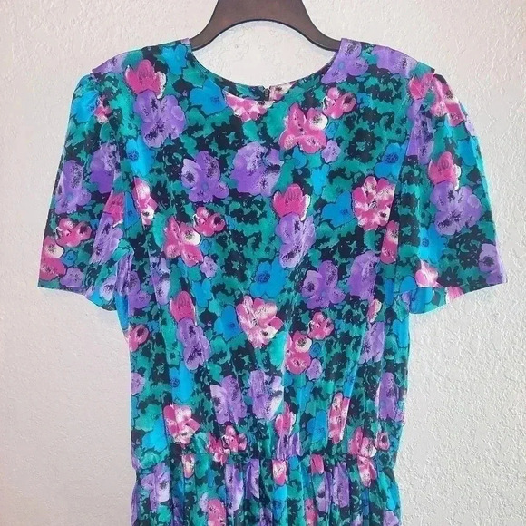 Vintage SHELLY MICHAELS Silky Floral Blouson Dress SZ 15/16 Beautiful!! - Picture 3 of 12